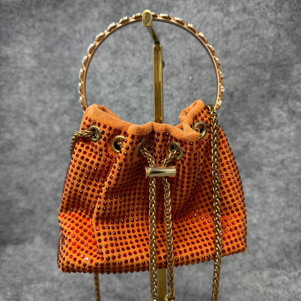 Rhinestone Mini Bucket Bag Crystal Handbag Tassel Evening Metal Ring Shoulder